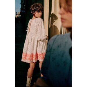 Sezane Grace Embroidery Midi Dress Large 44 Ballon Sleeves Linen Polka Dots Bows